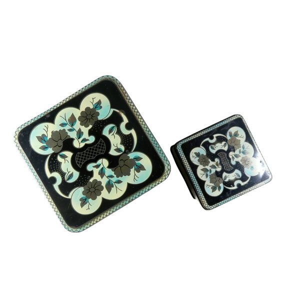 Chinoiserie Tole Tin Set of 2 Decorated Black Hinged Lid Box Vintage England - Picture 5 of 8